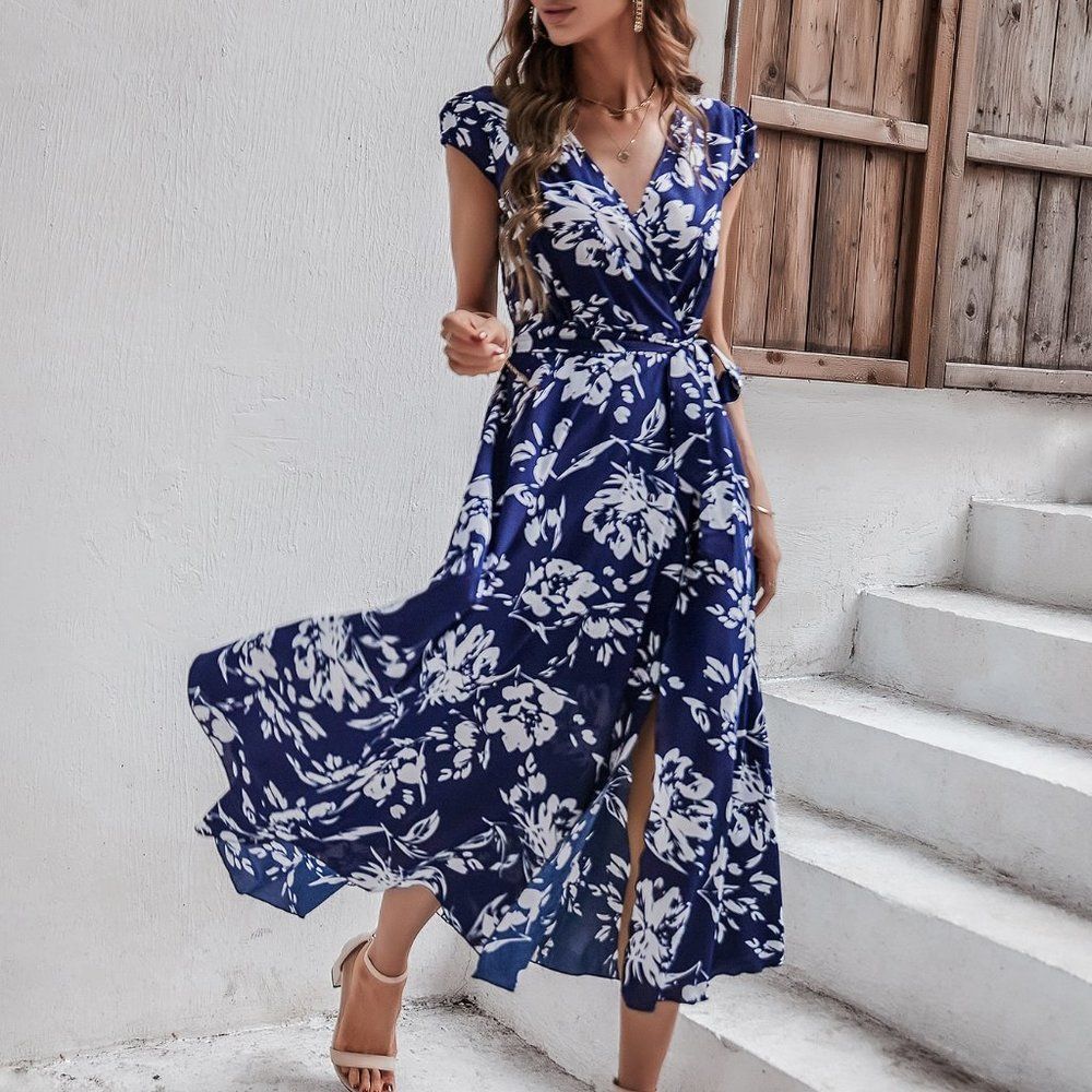 New Floral Print Puff Sleeve Wrap Belted Dress Blue - Picture 6 of 6